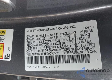 2019 Honda Accord Sport z USA, uszkodzony, nr VIN 1HGCV1F38KA053582